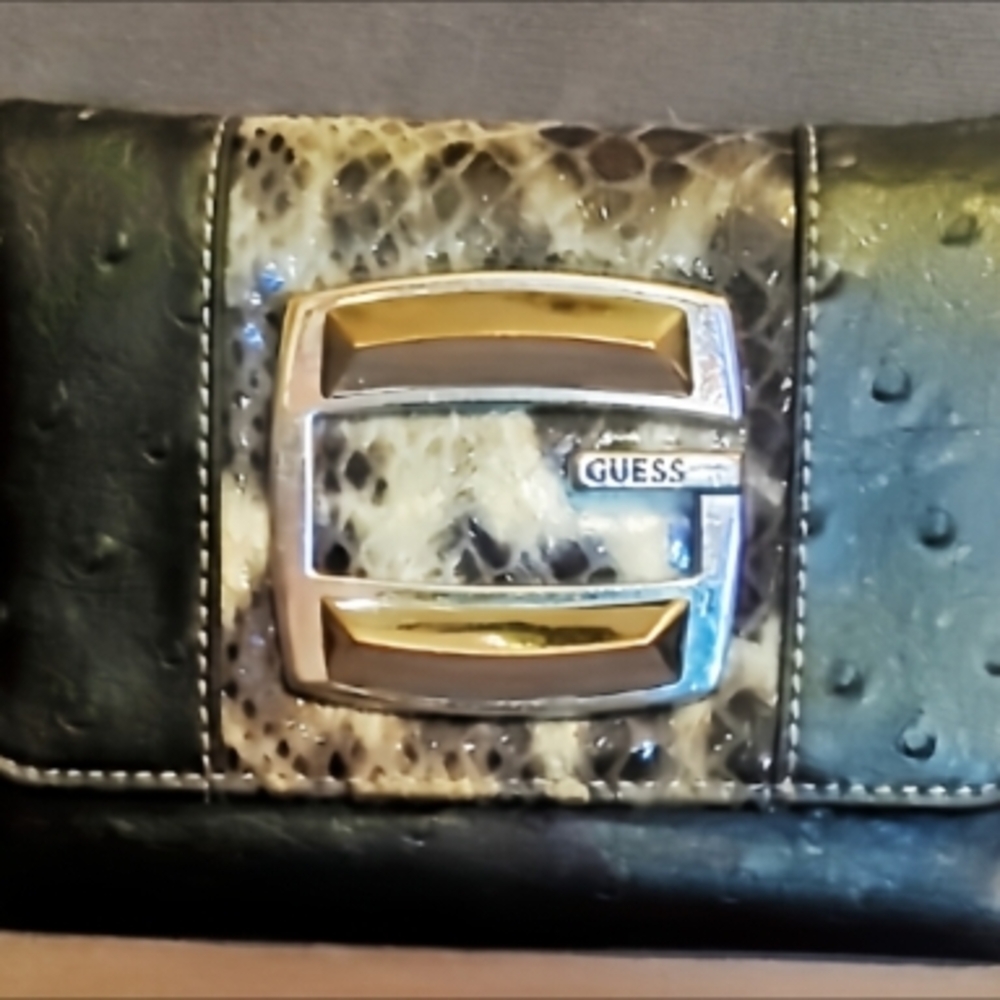Vintage GUESS Tri-Fold: Ostrich & Python Print Statement Wallet - Picture 3 of 3